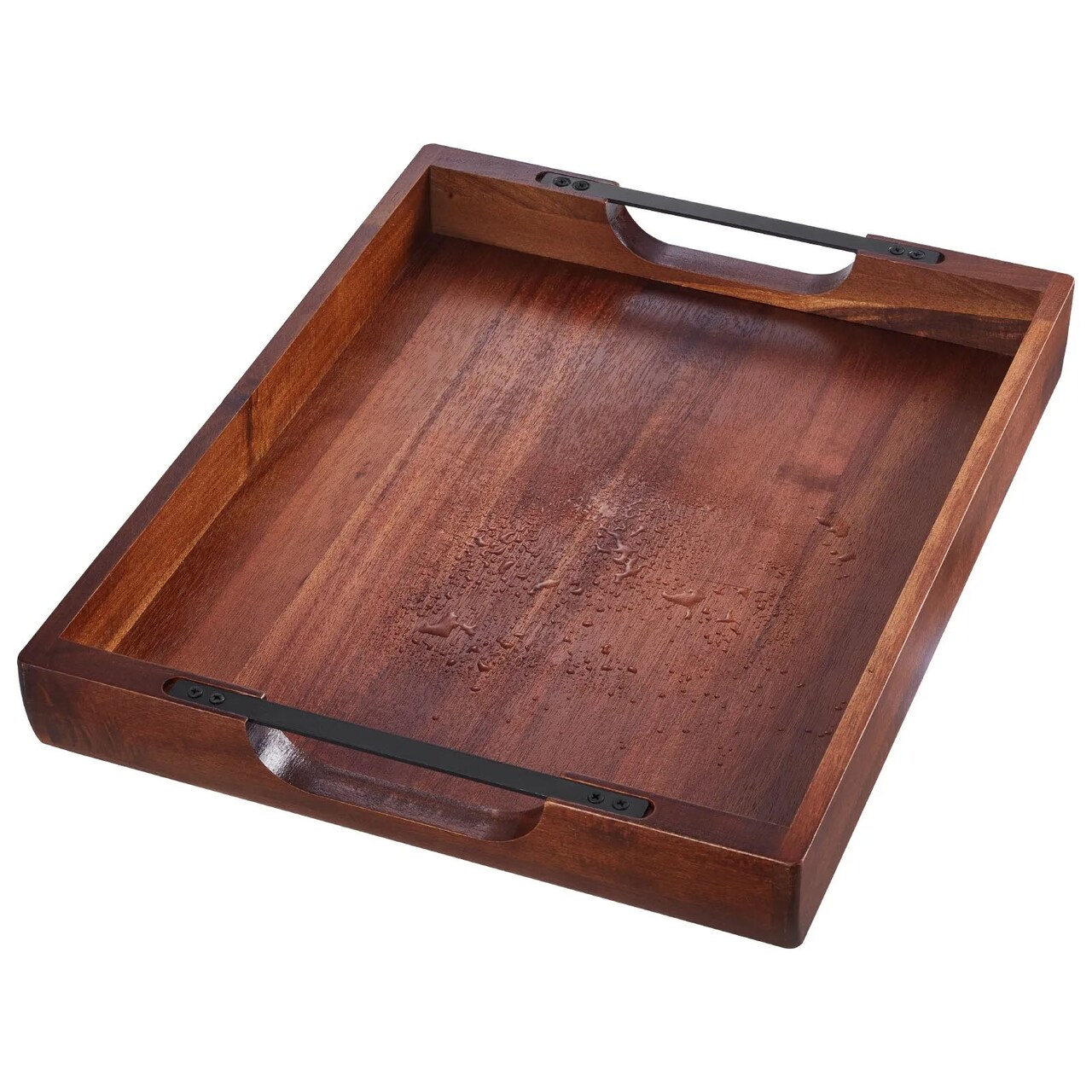 Acacia Wood Serving Tray with Metal Handles 17x12" Rustic Dark Walnut Kitchen & Coffee Table Organizer
